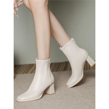 白色切爾西粗跟中跟高跟鞋短靴女2025年秋冬新款真皮單靴瘦瘦靴子