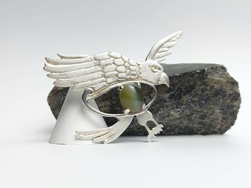 JadeStyle【純銀飛鷹 | 荷魯斯之眼】手作臺灣貓眼玉胸針項鍊
