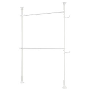 Liwoo Living 堅固雙層全白吊衣桿 + 多功能掛勾2件組  衣架(2層/寬80~140cm x 高218~244cm)、衣架(19 x 9.4 cm)  白色