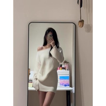 白色溫柔韓系一字肩寬松毛衣春秋小個子短款針織包臀半身裙套裝女