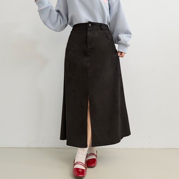 麂皮前開衩後鬆緊A字長裙