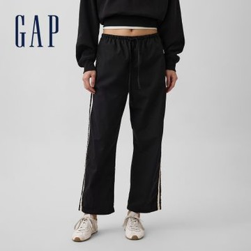 【GAP】有機棉條紋寬鬆長褲-經典黑(897338)