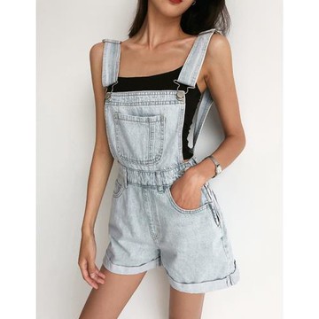 夏季韓版復古減齡連體工裝卷邊短褲女裝寬松闊腿顯瘦牛仔背帶褲子