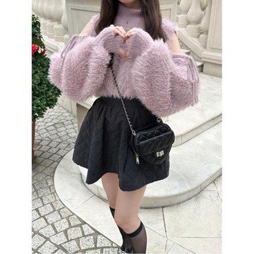 GRL新款日系甜美小高領露肩系帶毛絨純色針織上衣kz312