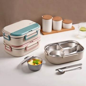 Homely Zakka 可微波超大容量不鏽鋼分隔保溫便當盒四格 - 奶茶粽+北歐粉+北歐藍