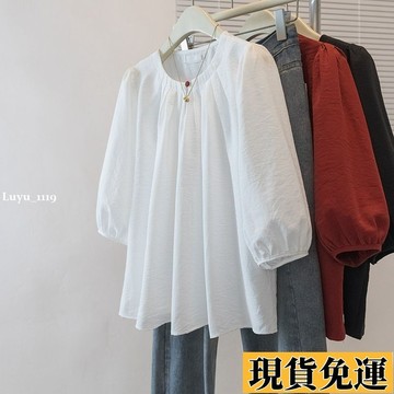 🌸限時下殺🌸大碼韓系設計感純色泡泡袖t恤女2025春夏新款寬松顯瘦七分袖上衣