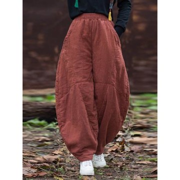 棉麻夾棉褲子女冬季中式禪意太極褲加厚保暖打坐褲加棉國風燈籠褲