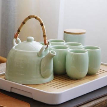 青瓷茶具套裝家用泡茶壺茶杯景德鎮陶瓷簡約日式一整套大號提梁壺