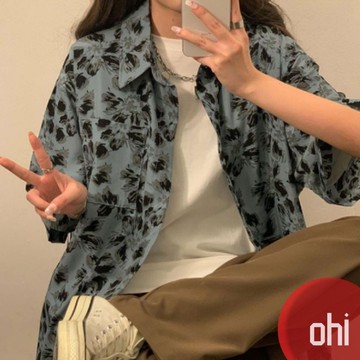 【ohi】巴洛克襯衫 美式復古冰絲短袖花襯衫 女生襯衫 短袖襯衫 襯衣 短袖上衣 女裝 GSXD023