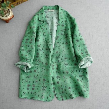 夏秋通勤女裝苧麻九分袖西裝外套女輕薄碎花防曬衣空調衫上衣春潮