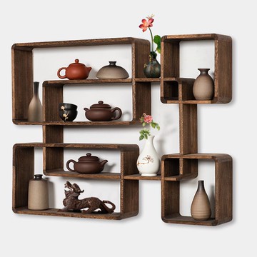博古架多寶閣實木新中式現代簡約壁掛式茶架子置物架墻上小擺件架