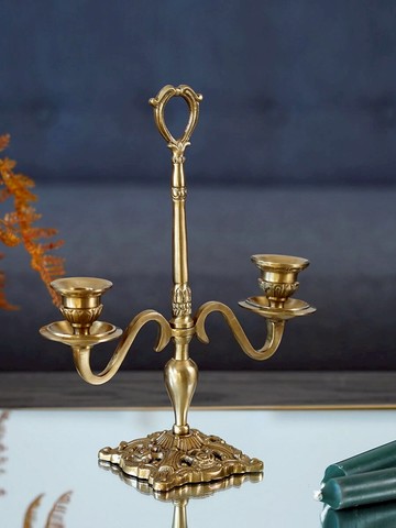 費靈家居歐式古典印度進口黃銅家用餐桌輕奢復古雙頭燭臺擺件道具