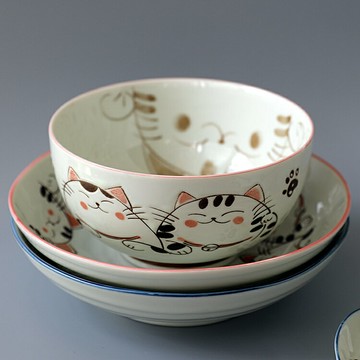 日本進口陶瓷餐具萌貓童趣飯碗深盤小菜碟面碗手繪釉下彩手工