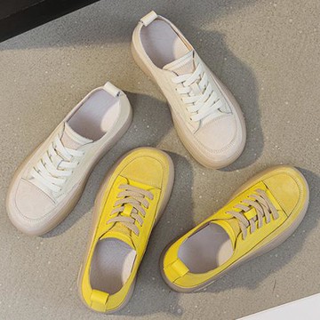 Sp house 復古米白日常街頭真皮平底圓頭休閒板鞋(2色可選)