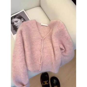 大牌外貿女裝專柜撤回秋冬軟糯浣熊絨毛衣女加厚短款針織開衫外套