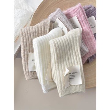 3雙豎條羊毛襪子女加厚秋冬季羊絨襪日系韓國中筒襪ins潮純色堆堆