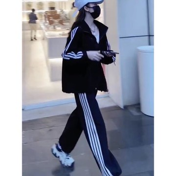 運動套裝女士2025春季新款韓版復古休閑連帽衛衣三條杠褲子兩件套