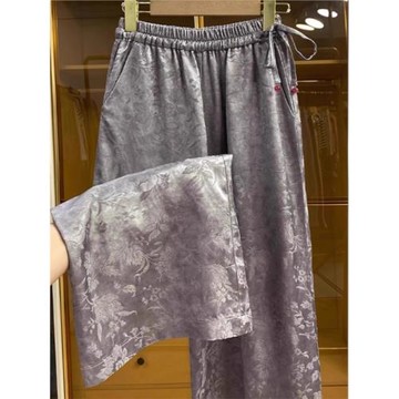 新中式提花緞面闊腿褲女夏季薄款寬松高腰垂感國風高檔直筒長褲子