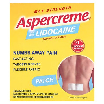 Aspercreme, 含 4% 利多卡因的止痛貼片，強度特高，無香，5 張貼片，每張（10 釐米 x 14 釐米）