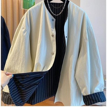 【ACheter】兩面穿外套寬鬆休閒百搭無領風衣夾克# 126368