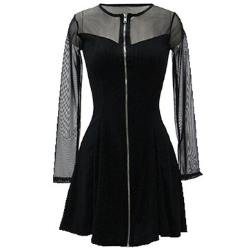 拉鍊長袖洋裝 女生 大尺碼女裝胖mm性感夜店顯瘦洋裝胖妹妹春新款心機收腰網紗小黑裙 摩天大樓