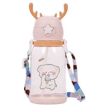 HIKARI 日光生活 可愛鹿角吸管水壺 600ml  粉紅色  1個