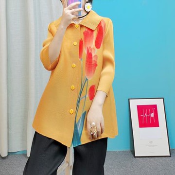 一人一褶F019三宅壓皺外套翻領印花開衫單排扣上衣2025春夏洋氣