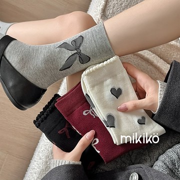 美木子｜中筒襪｜大蝴蝶結印花滾花邊【OT388】愛心印花 蝴蝶結襪 酒紅色 堆堆襪 花邊襪 中筒襪 新年 聖誕節