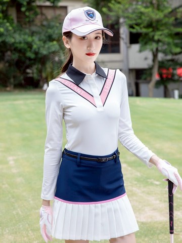 秋冬高爾夫女士長袖 個性V型撞色花紋 翻領T恤Polo衫運動休閑上衣