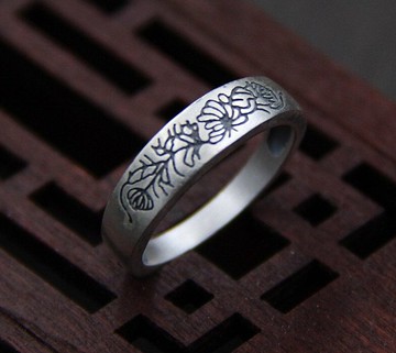 真正 S 990 硫化銀首飾女式雕刻復古花卉圖案戒指