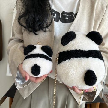 可愛羊毛皮毛一體卡通大小熊貓花花迷你零錢包 斜跨手提包女書包