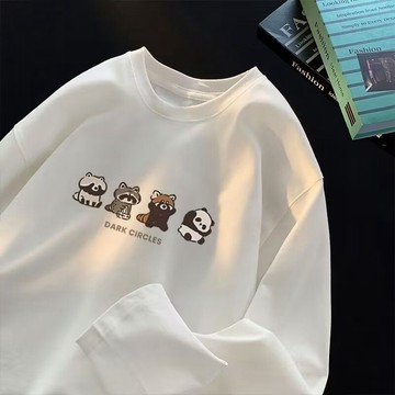 韓版袖子t恤 薄袖子 打底衣 顯瘦 內搭上衣 彈性 早秋 美式慵懶風印花長袖t恤春秋季男女款潮流ins寬鬆圓領純
