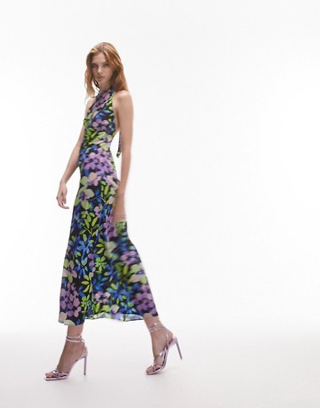 Topshop halter neck midi dress in floral print-Multi