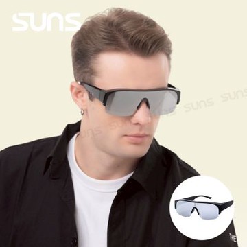 【SUNS】休閒偏光運動眼鏡 白水銀大框套鏡 抗藍光+抗UV400/防眩光/可單戴/眼鏡族首選