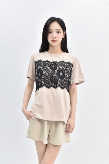 (L) lululalla 韓牌蕾絲棕色短袖上衣