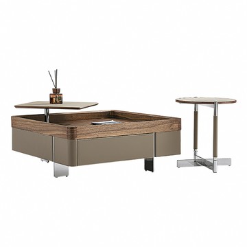 【IDEA】高奢馬鞍皮360度多功能升降置物木質茶几/和室桌(客廳桌 方桌)