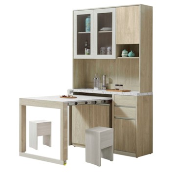 文創集 克利3.9尺可伸縮中島桌高餐櫃組合(附二張椅凳+桌面板可拉合使用)-118x39x200cm免組