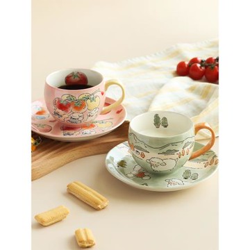 藍蓮花羨鳥文社手繪釉下彩陶瓷咖啡杯生日禮物掛耳下午茶杯碟套裝