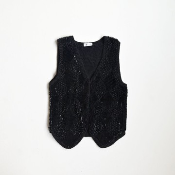【蛋植物古著】月光黑星珠飾針織古著背心