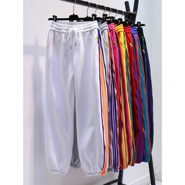 潮牌側條紋歐貨高腰束腳寬松衛褲