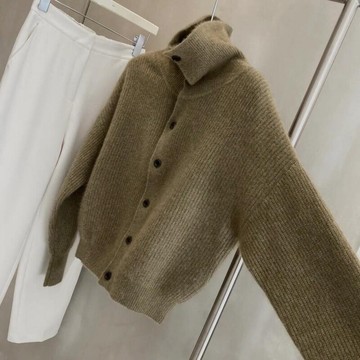 歐洲站歐貨高級設計感浣熊絨高領毛衣奶咖色高端羊絨開衫女冬爆款