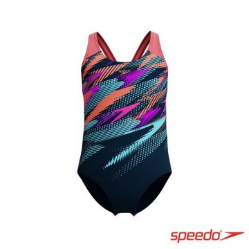 SPEEDO 官方旗艦店 女孩 運動連身泳裝Digital 深藍/珊瑚橘/藍紫