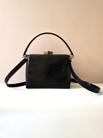 中古二手GUCCI黑色竹節皮革古董盒子單肩包 側背包 斜背包 復古包