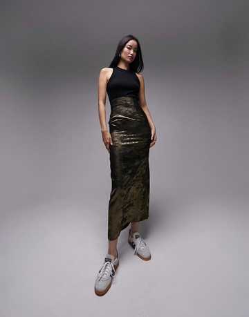 Topshop metallic super high waist maxi skirt in gold