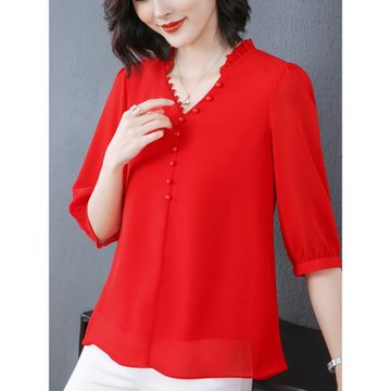 雪紡上衣媽媽減齡雪紡衫女中袖紅色漂亮小衫寬松遮肚子襯衣紗料夏