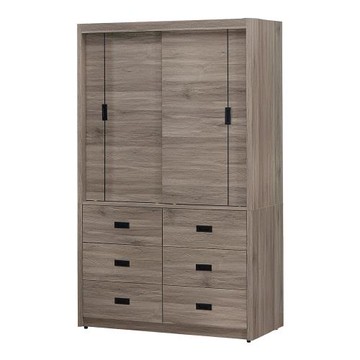 Boden-喬西4尺灰橡色推/拉門六抽衣櫃(雙吊桿)