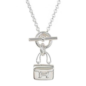 HERMES Constance 經典康康包款造型純銀鎖骨項鍊.銀