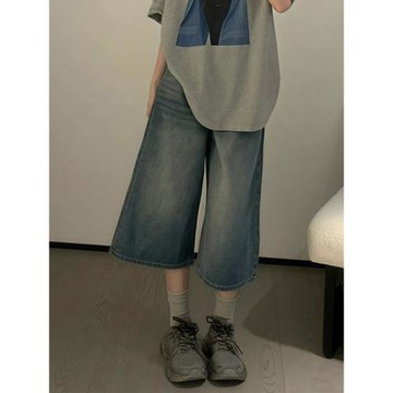 七分褲女2026新款復古牛仔褲小個子闊腿中褲胖mm大碼寬松直筒褲子