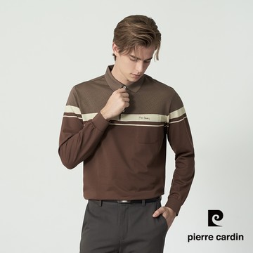 【pierre cardin 皮爾卡登】男款 質感拼接條紋長袖POLO衫-咖啡色 (5255204-88)