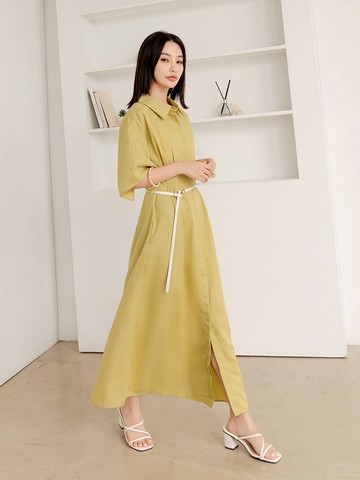 翻領袖開衩開襟收腰長洋裝